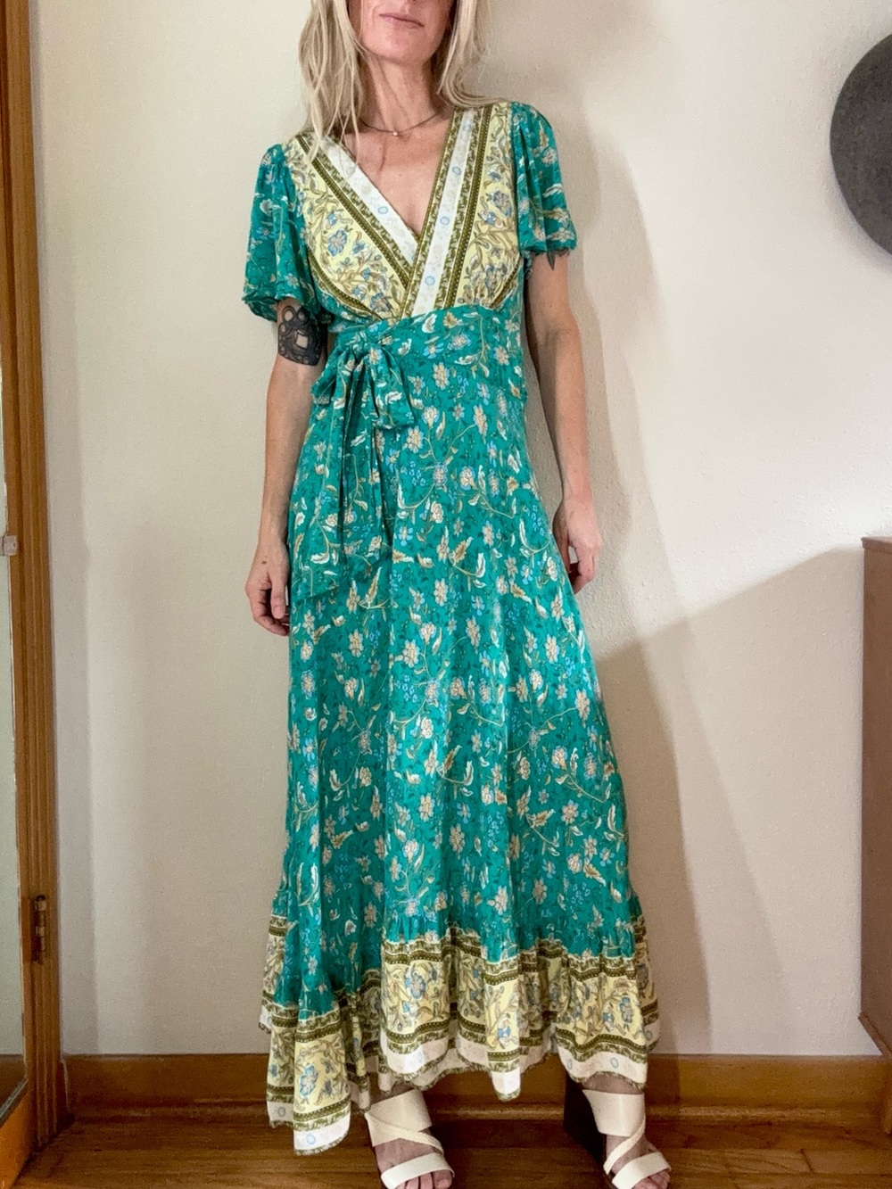 Boho Floral Maxi Wrap Dress Small Teal Festival Hippie Gypsy Flowy Cotton Beach